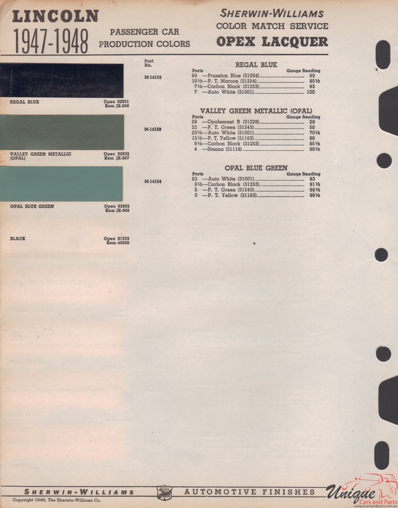 1948 Lincoln Paint Charts Williams 2